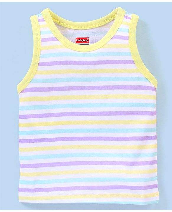 Babyhug 100% Cotton Knit Sleeveless Antibacterial Striped Sando Palm Tree Print Pack of 3 - Purple & Yellow