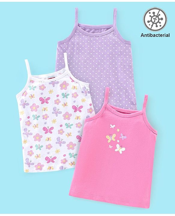 Babyhug 100% Cotton Knit Sleeveless Antibacterial Slips Butterfly & Polka Dot Print Pack of 3 - Pink Purple & White