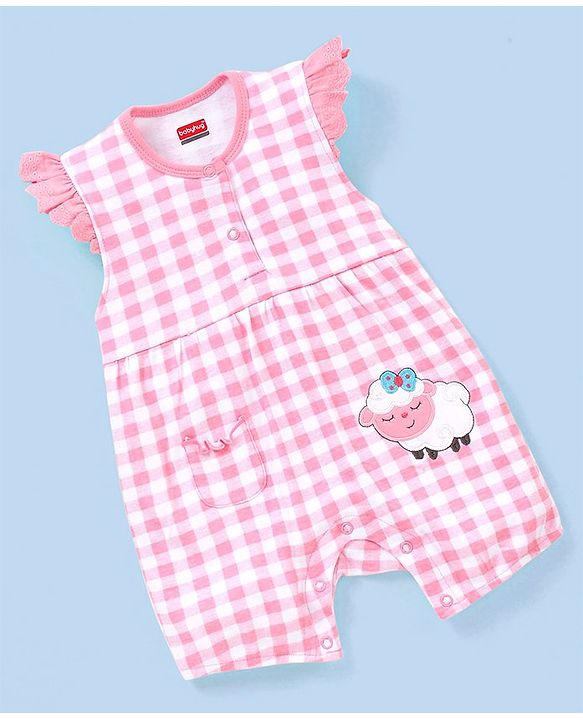 Babyhug 100% Cotton Knit Frill Sleeves Checkered Romper - Pink