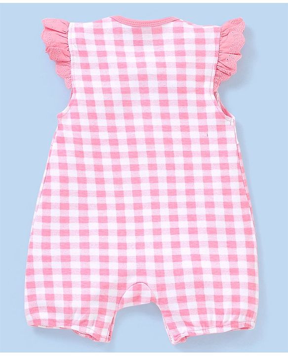 Babyhug 100% Cotton Knit Frill Sleeves Checkered Romper - Pink