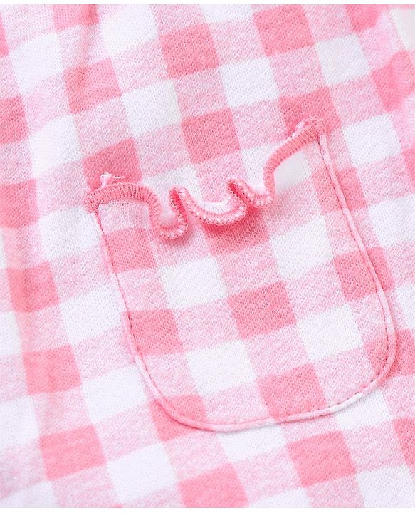 Babyhug 100% Cotton Knit Frill Sleeves Checkered Romper - Pink