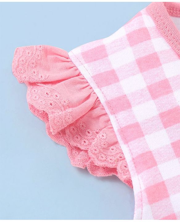 Babyhug 100% Cotton Knit Frill Sleeves Checkered Romper - Pink