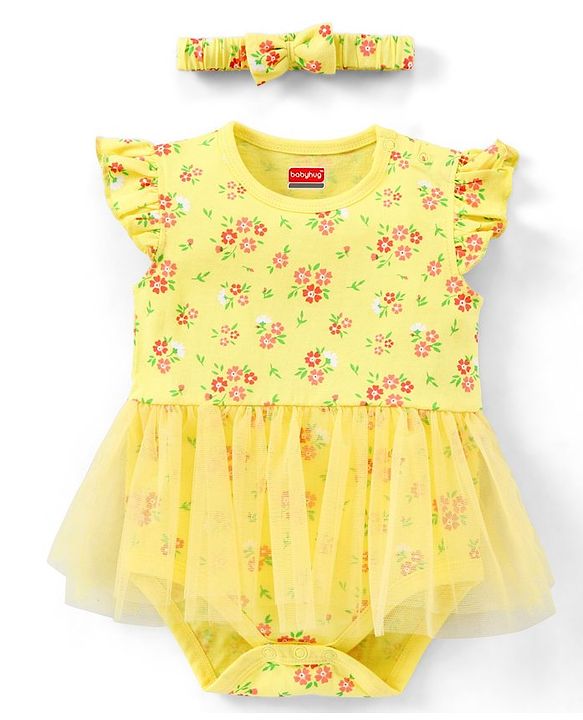 Babyhug 100% Cotton Knit Frill Sleeves Frock Style Onesie with Headband Floral Print - Yellow