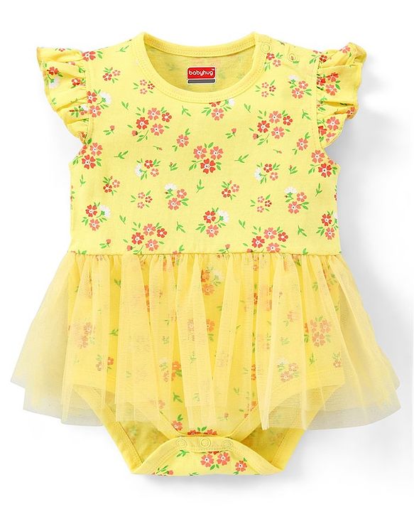 Babyhug 100% Cotton Knit Frill Sleeves Frock Style Onesie with Headband Floral Print - Yellow