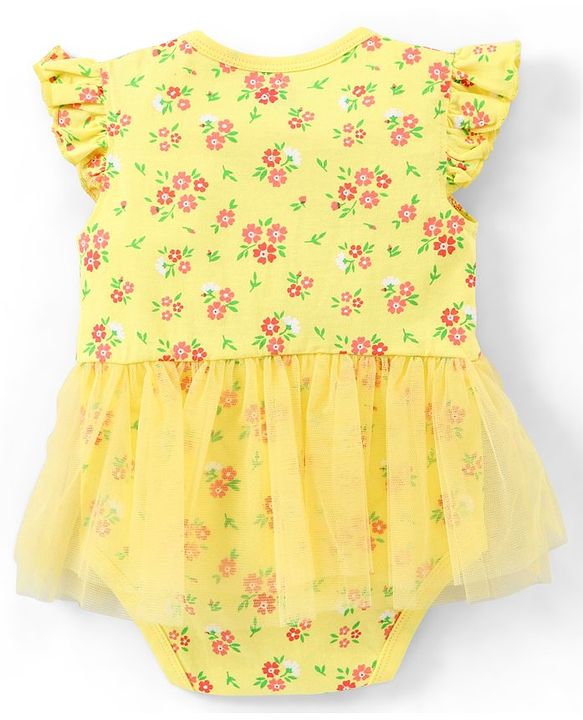 Babyhug 100% Cotton Knit Frill Sleeves Frock Style Onesie with Headband Floral Print - Yellow