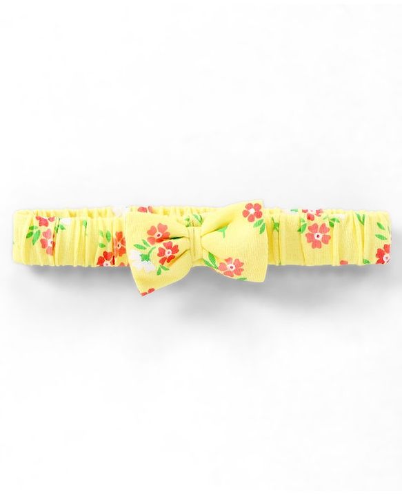 Babyhug 100% Cotton Knit Frill Sleeves Frock Style Onesie with Headband Floral Print - Yellow