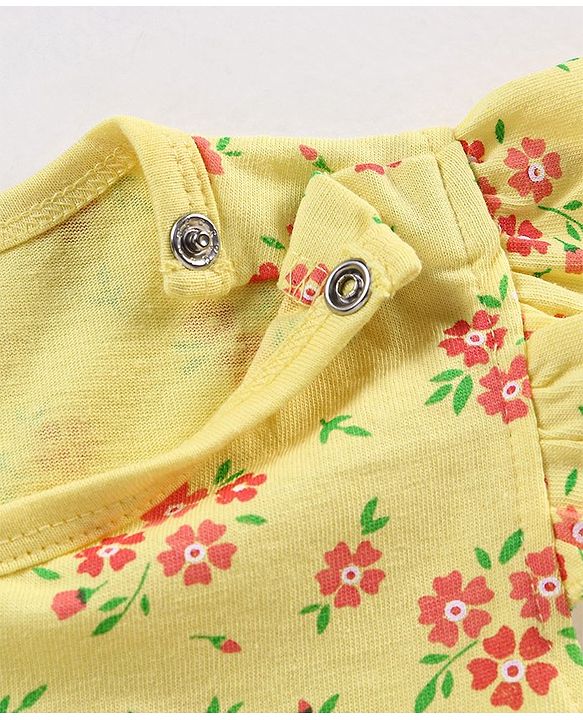 Babyhug 100% Cotton Knit Frill Sleeves Frock Style Onesie with Headband Floral Print - Yellow