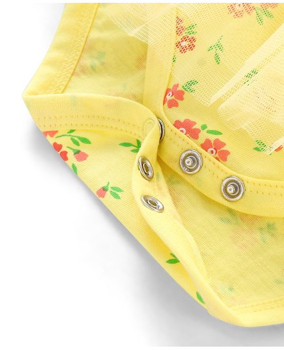 Babyhug 100% Cotton Knit Frill Sleeves Frock Style Onesie with Headband Floral Print - Yellow
