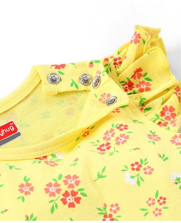 Babyhug 100% Cotton Knit Frill Sleeves Frock Style Onesie with Headband Floral Print - Yellow