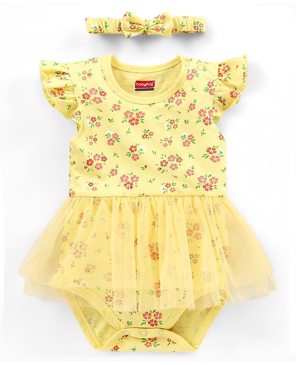 Babyhug 100% Cotton Knit Frill Sleeves Frock Style Onesie with Headband Floral Print - Yellow