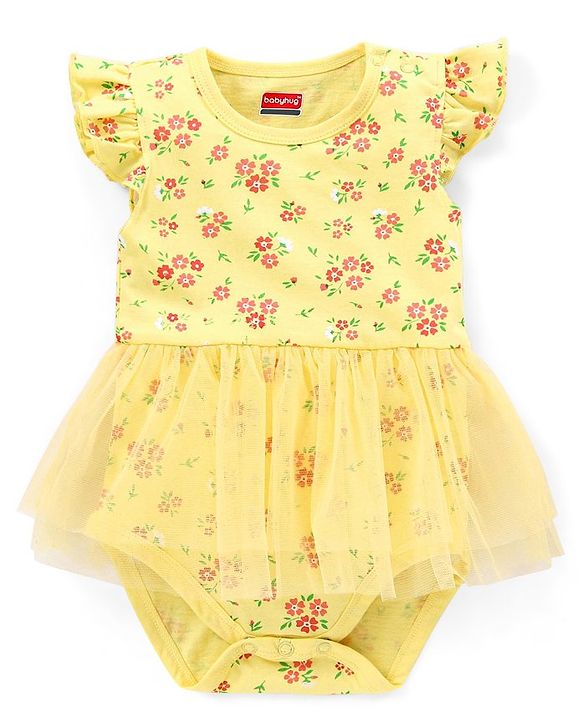 Babyhug 100% Cotton Knit Frill Sleeves Frock Style Onesie with Headband Floral Print - Yellow
