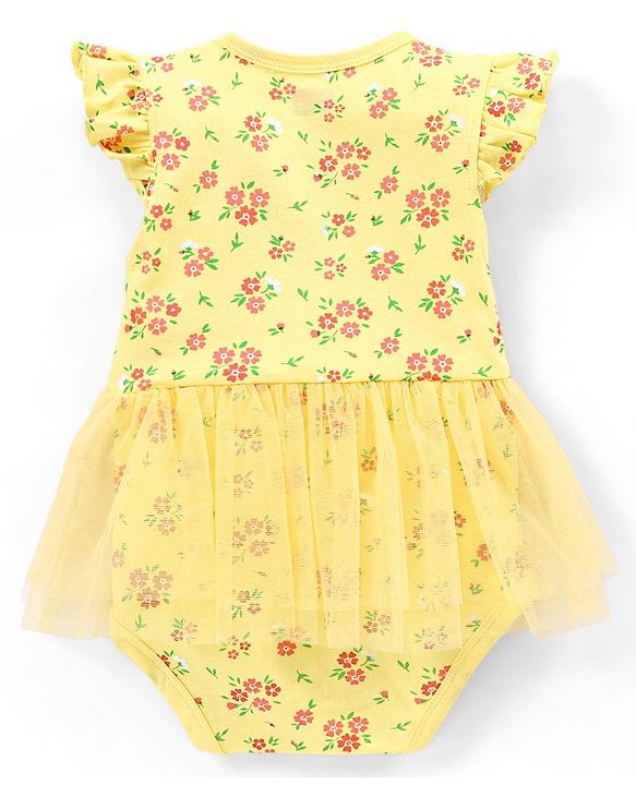 Babyhug 100% Cotton Knit Frill Sleeves Frock Style Onesie with Headband Floral Print - Yellow