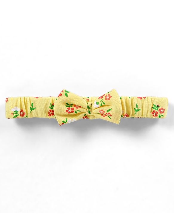 Babyhug 100% Cotton Knit Frill Sleeves Frock Style Onesie with Headband Floral Print - Yellow