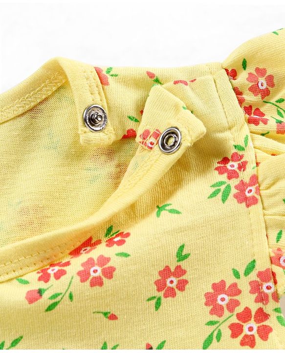 Babyhug 100% Cotton Knit Frill Sleeves Frock Style Onesie with Headband Floral Print - Yellow