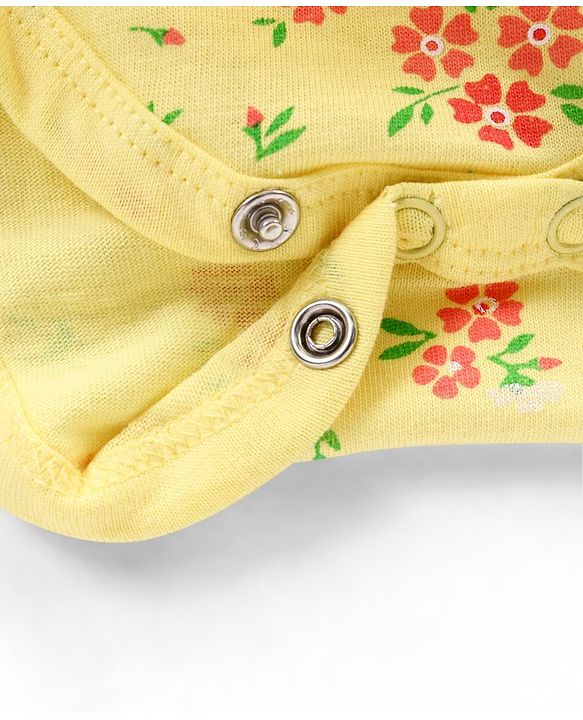 Babyhug 100% Cotton Knit Frill Sleeves Frock Style Onesie with Headband Floral Print - Yellow