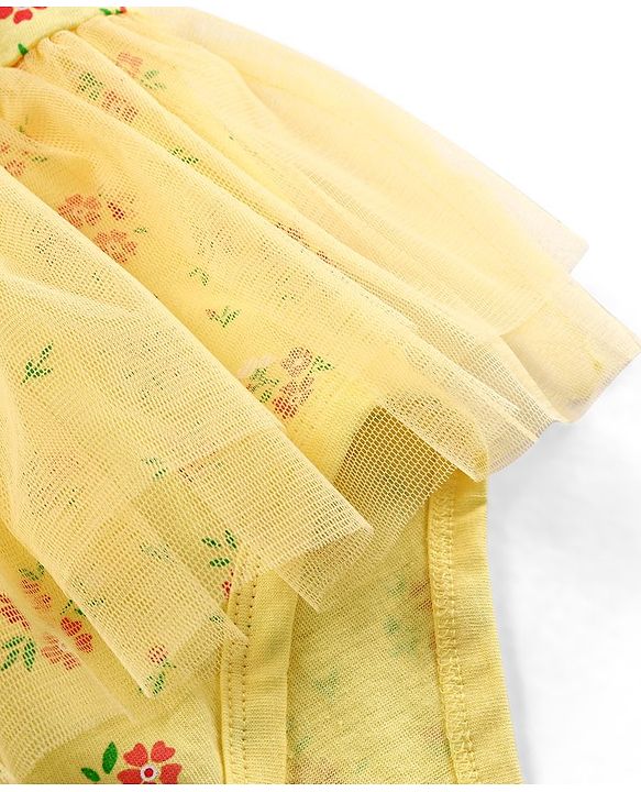 Babyhug 100% Cotton Knit Frill Sleeves Frock Style Onesie with Headband Floral Print - Yellow