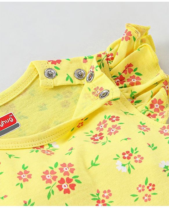 Babyhug 100% Cotton Knit Frill Sleeves Frock Style Onesie with Headband Floral Print - Yellow