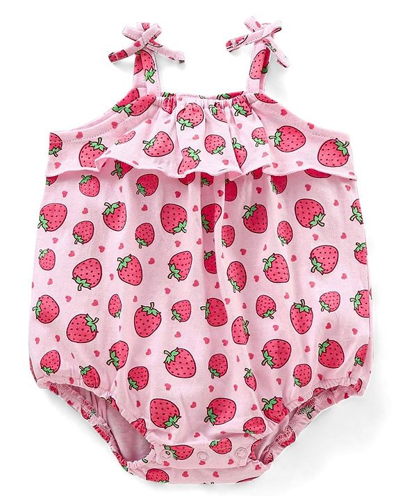 Babyhug Singlet Sleeves 100% Cotton Onesie with Strawberry Print and Cap - Pink