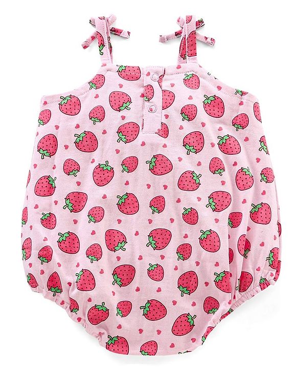 Babyhug Singlet Sleeves 100% Cotton Onesie with Strawberry Print and Cap - Pink