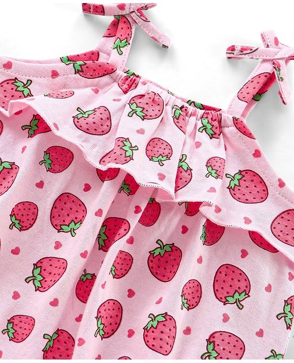 Babyhug Singlet Sleeves 100% Cotton Onesie with Strawberry Print and Cap - Pink