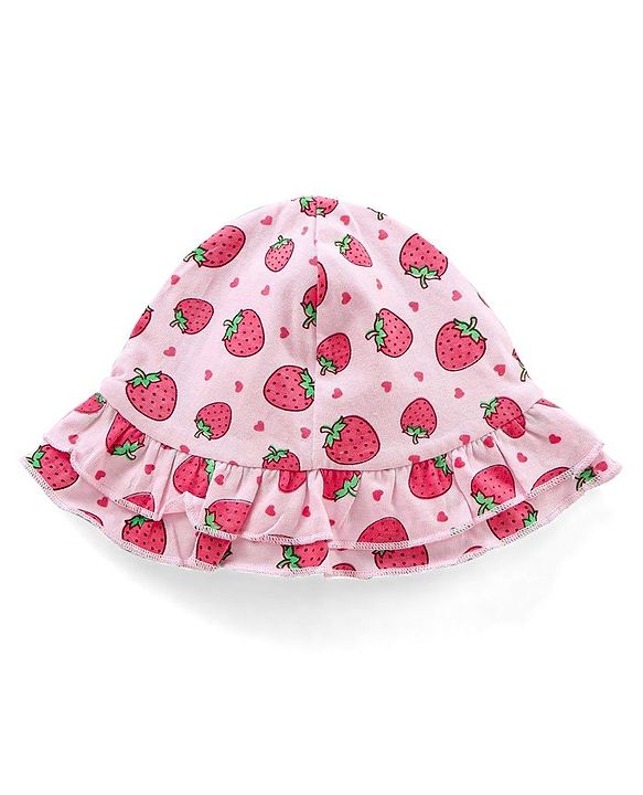 Babyhug Singlet Sleeves 100% Cotton Onesie with Strawberry Print and Cap - Pink