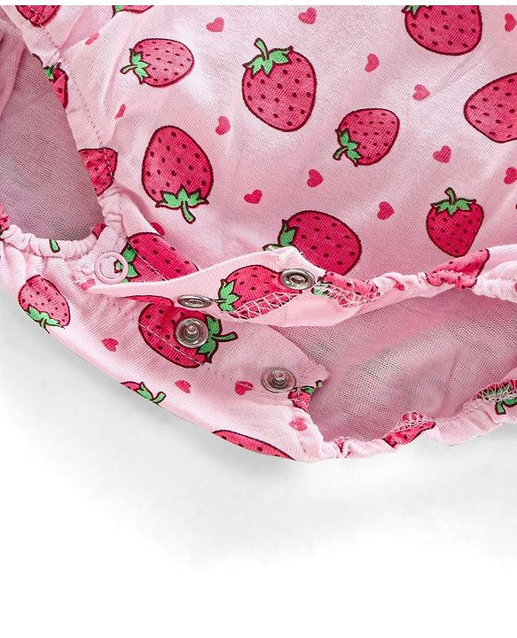 Babyhug Singlet Sleeves 100% Cotton Onesie with Strawberry Print and Cap - Pink