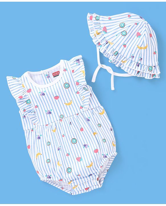 Babyhug 100% Cotton Sleeveless Striped Onesie with Cap Fruits Print - White & Blue