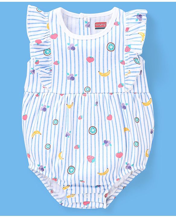Babyhug 100% Cotton Sleeveless Striped Onesie with Cap Fruits Print - White & Blue