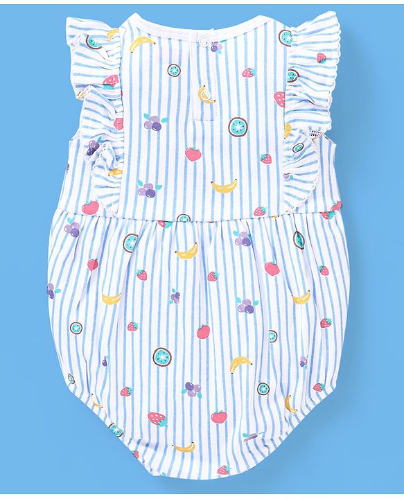 Babyhug 100% Cotton Sleeveless Striped Onesie with Cap Fruits Print - White & Blue