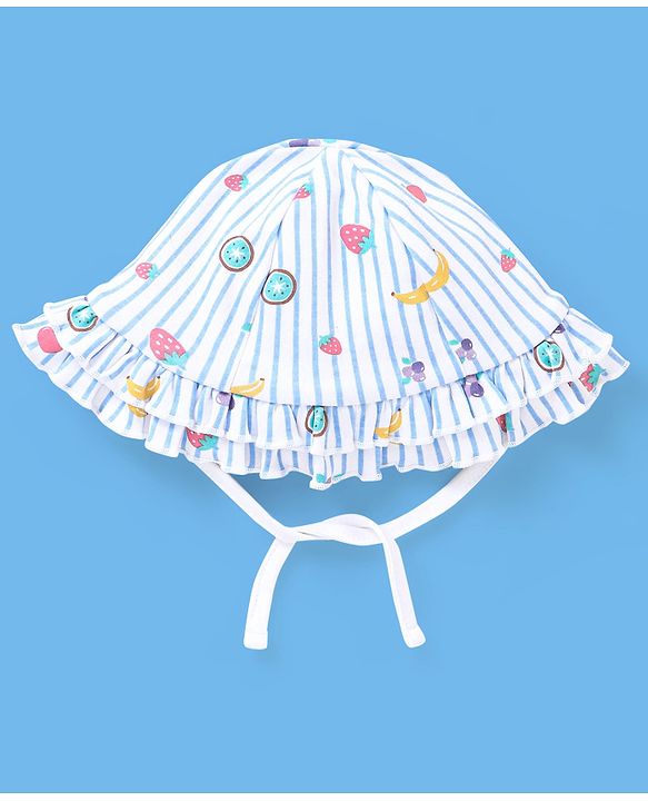 Babyhug 100% Cotton Sleeveless Striped Onesie with Cap Fruits Print - White & Blue