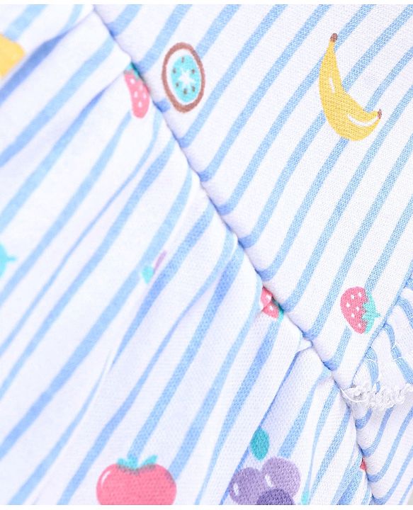 Babyhug 100% Cotton Sleeveless Striped Onesie with Cap Fruits Print - White & Blue