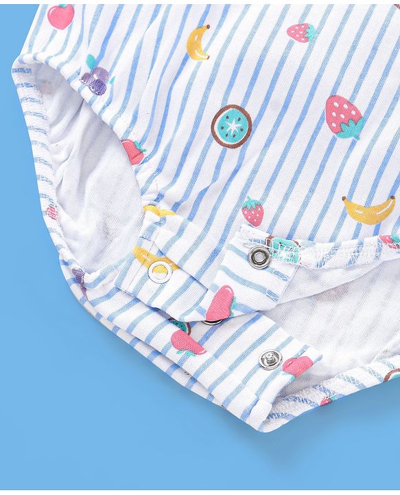 Babyhug 100% Cotton Sleeveless Striped Onesie with Cap Fruits Print - White & Blue