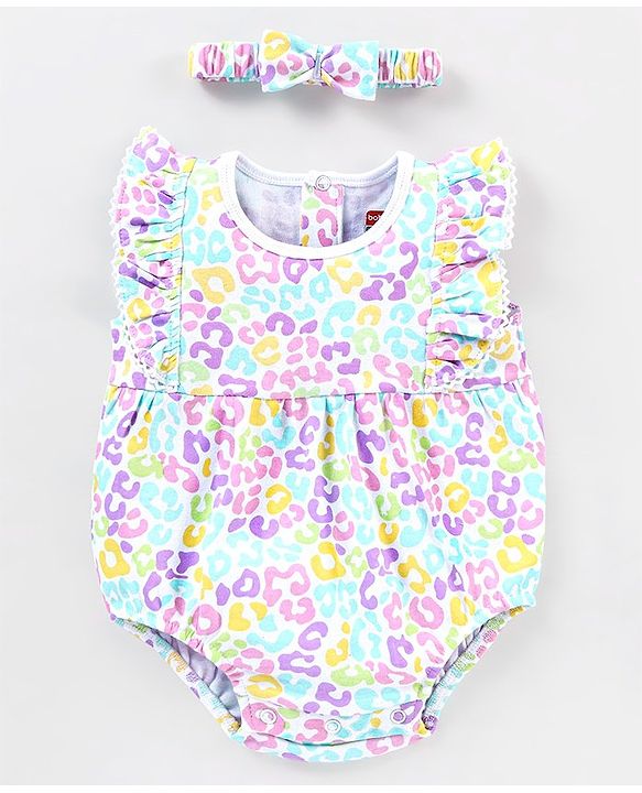 Babyhug 100% Cotton Sleeveless Onesie with Head Band Abstract Print - Multicolour