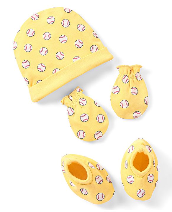 Babyhug 100% Cotton Knit Cap Mittens & Booties Set Balls Print Yellow - Diameter 10.5 cm