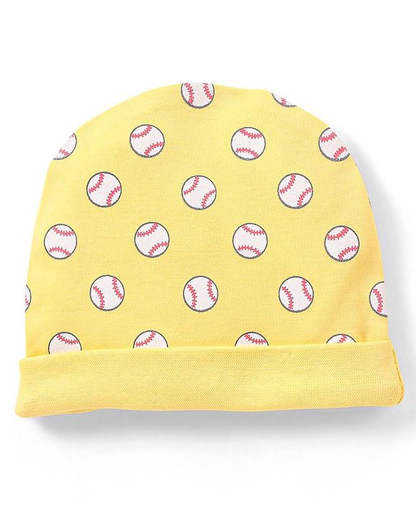 Babyhug 100% Cotton Knit Cap Mittens & Booties Set Balls Print Yellow - Diameter 10.5 cm