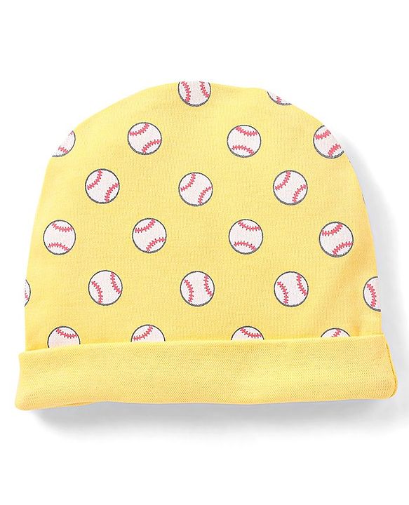 Babyhug 100% Cotton Knit Cap Mittens & Booties Set Balls Print Yellow - Diameter 10.5 cm