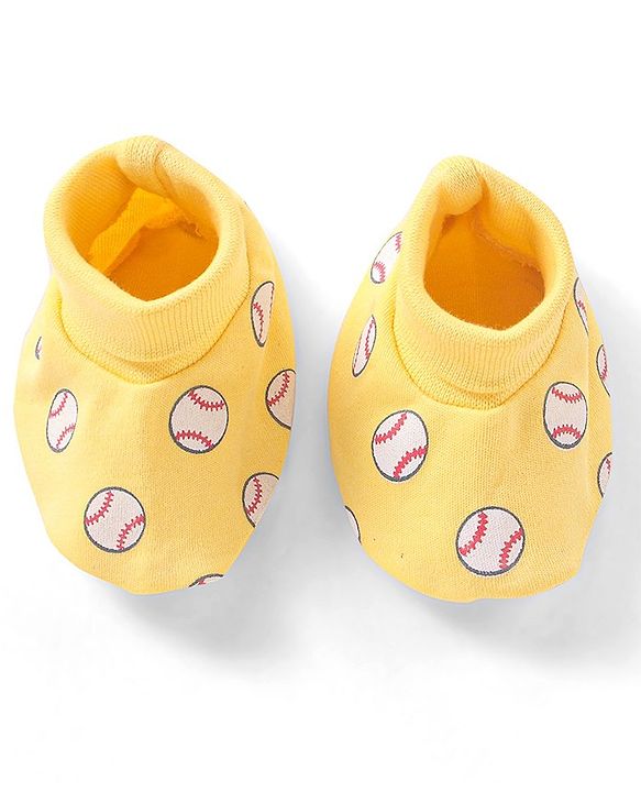 Babyhug 100% Cotton Knit Cap Mittens & Booties Set Balls Print Yellow - Diameter 10.5 cm