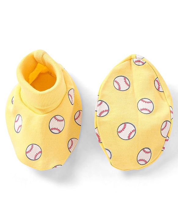Babyhug 100% Cotton Knit Cap Mittens & Booties Set Balls Print Yellow - Diameter 10.5 cm