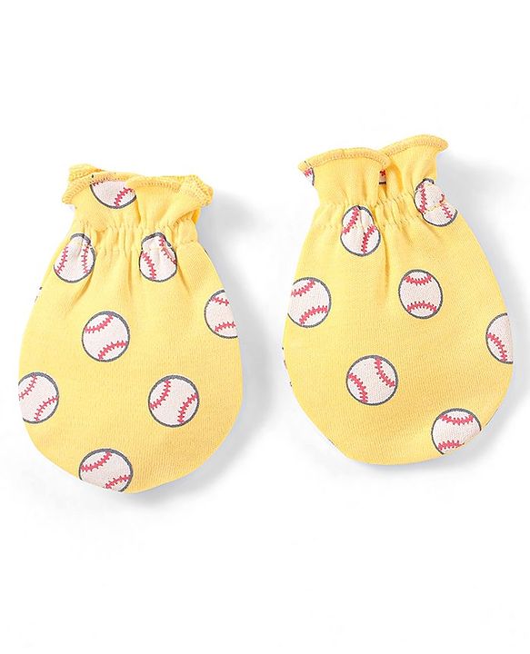 Babyhug 100% Cotton Knit Cap Mittens & Booties Set Balls Print Yellow - Diameter 10.5 cm