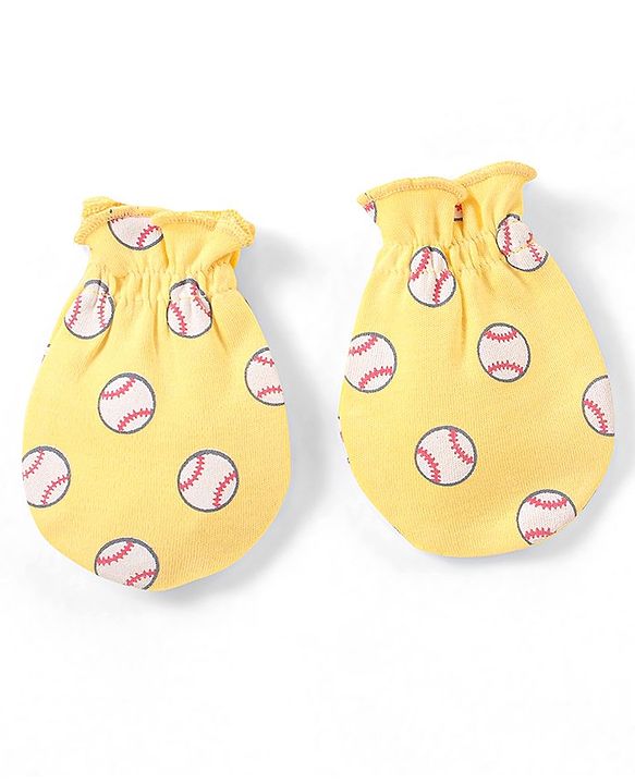 Babyhug 100% Cotton Knit Cap Mittens & Booties Set Balls Print Yellow - Diameter 10.5 cm