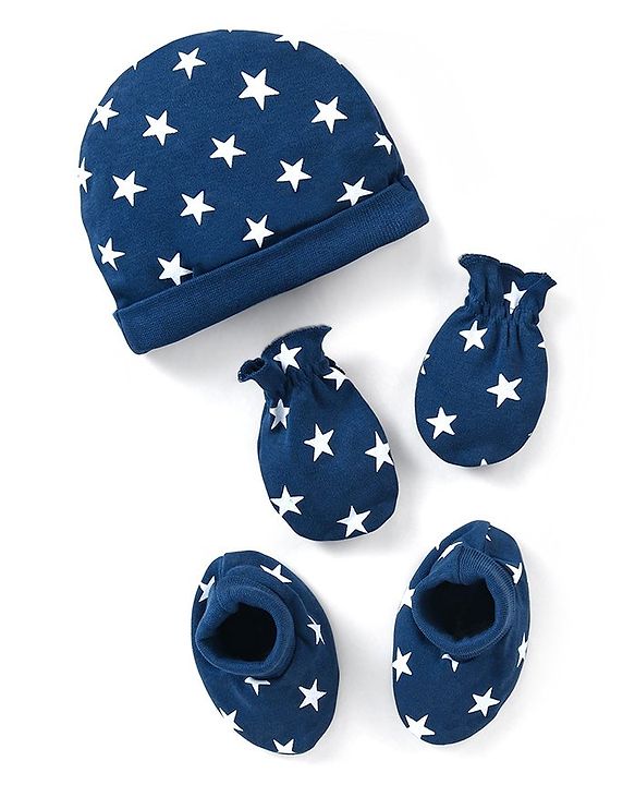 Babyhug 100% Cotton Cap Mittens And Booties Star Print Navy Blue -  Diameter 11.5 cm