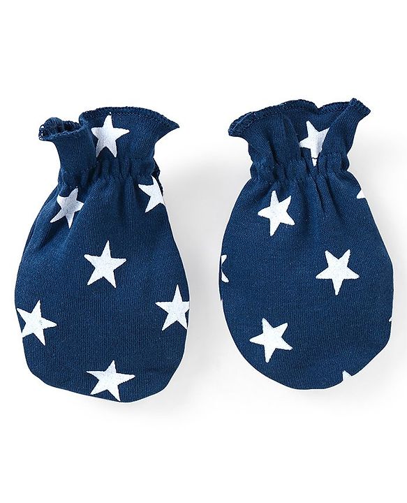 Babyhug 100% Cotton Cap Mittens And Booties Star Print Navy Blue -  Diameter 11.5 cm