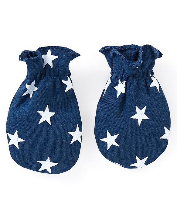Babyhug 100% Cotton Cap Mittens And Booties Star Print Navy Blue -  Diameter 11.5 cm