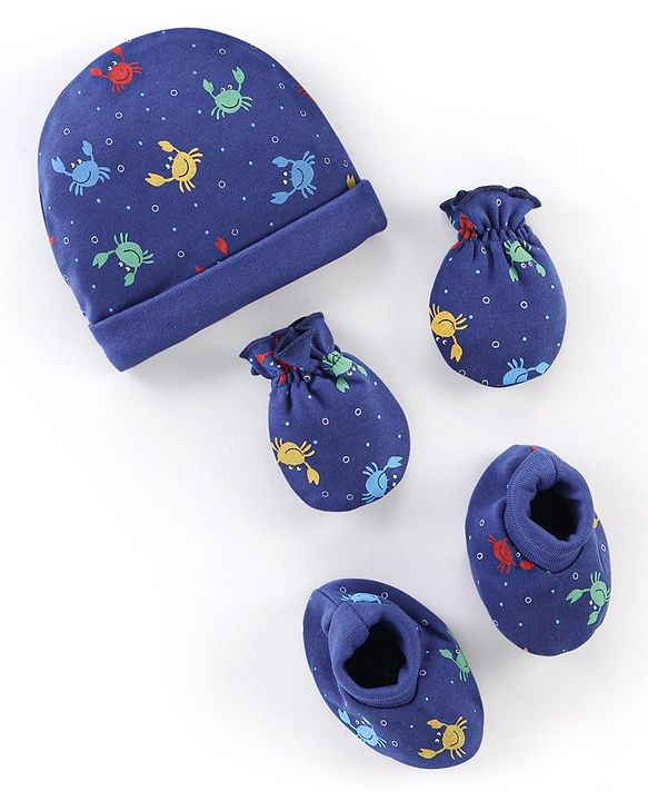 Babyhug 100% Cotton Cap Mittens & Booties Crab Print Navy Blue-Diameter 11.5 cm
