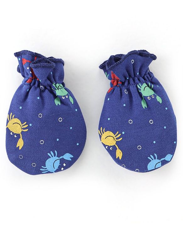 Babyhug 100% Cotton Cap Mittens & Booties Crab Print Navy Blue-Diameter 11.5 cm