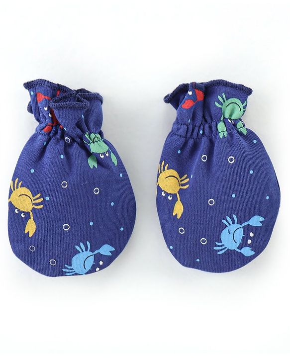 Babyhug 100% Cotton Cap Mittens & Booties Crab Print Navy Blue-Diameter 11.5 cm