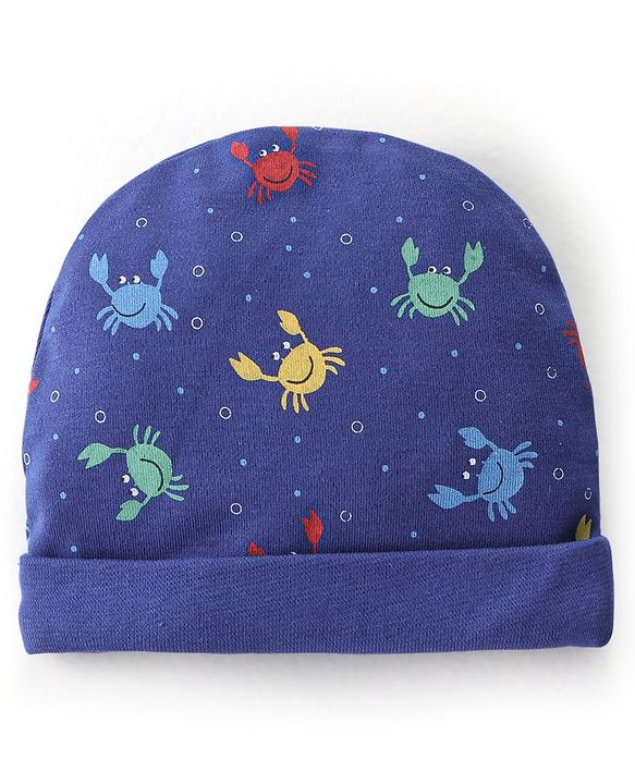 Babyhug 100% Cotton Cap Mittens & Booties Crab Print Navy Blue-Diameter 11.5 cm