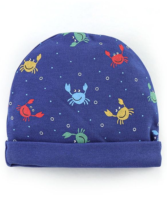 Babyhug 100% Cotton Cap Mittens & Booties Crab Print Navy Blue-Diameter 11.5 cm
