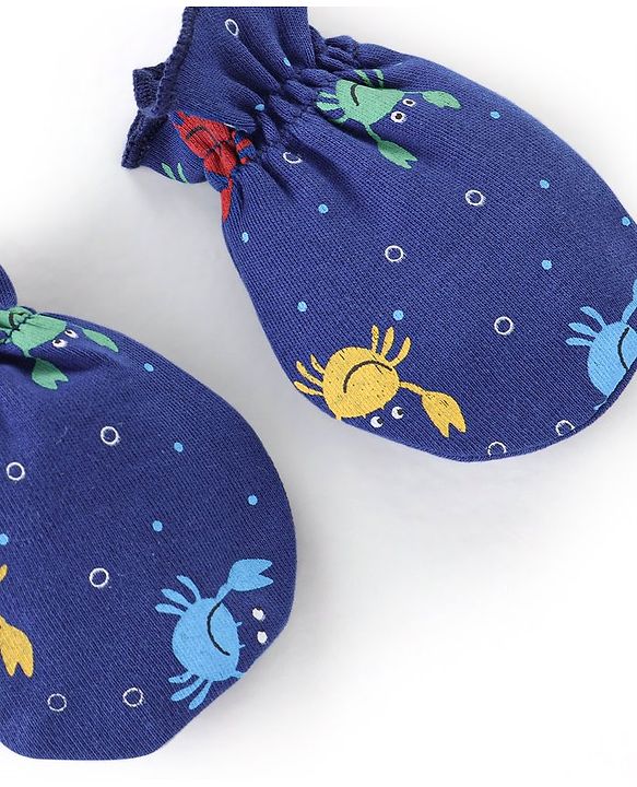 Babyhug 100% Cotton Cap Mittens & Booties Crab Print Navy Blue-Diameter 11.5 cm