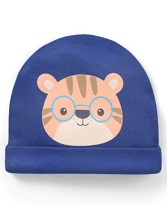 Babyhug 100% Cotton Cap Tiger Print Navy - Diameter 9.5 cm